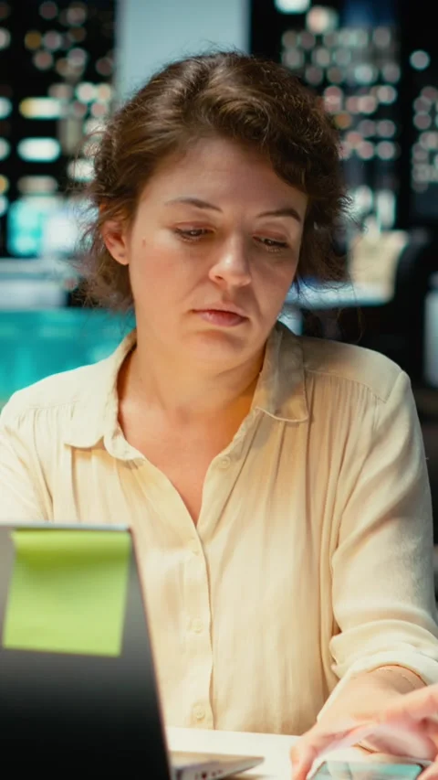 Vertical Video Female employee checking the time on her phone and closing laptop Stock Footage 317518959