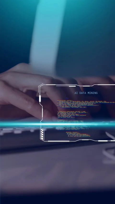 Vertical video: Female engineer entering frame and typing keys, HUD updating AI Stock Footage 335264132