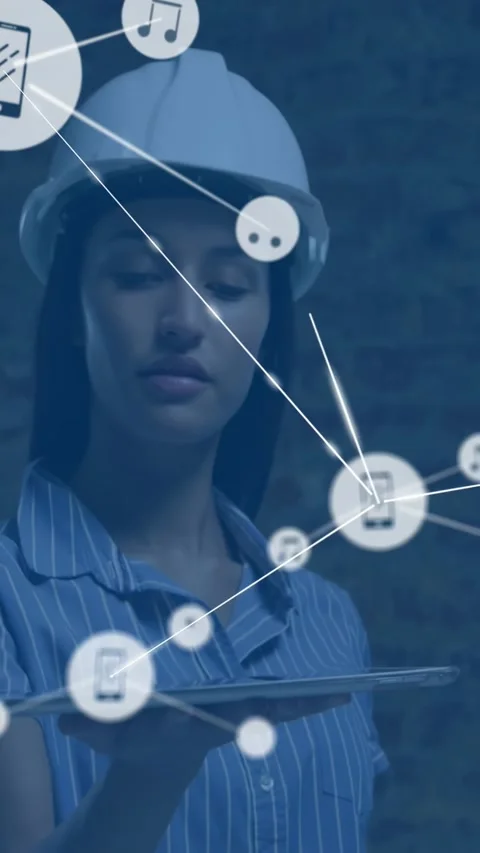 Vertical video: Female engineer holding tray, guiding icons appearing into tech Stock Footage 334605218