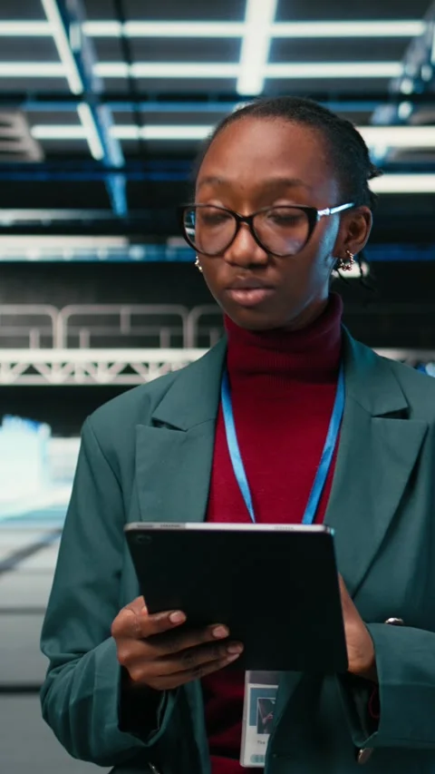 Vertical video Female engineer walks in data center, using tablet and AR tech to Stock Footage 329530061