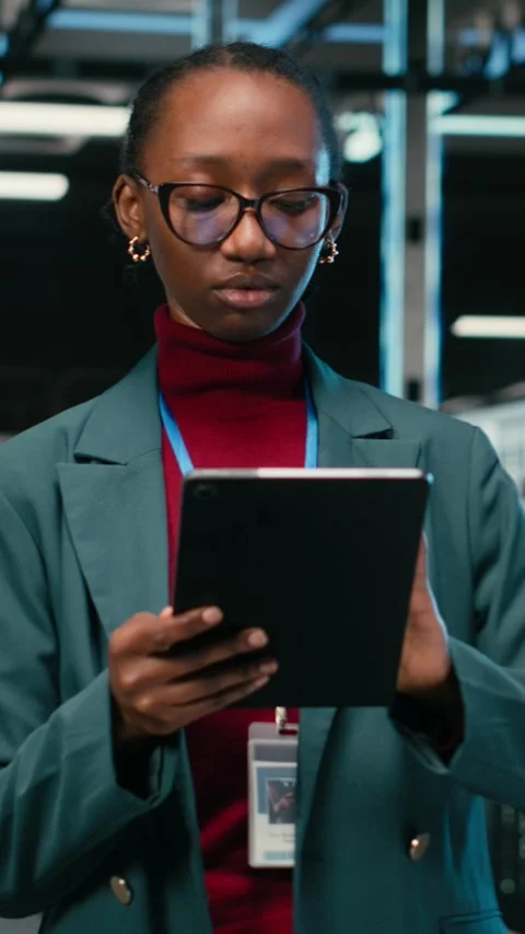 Vertical video Female engineer walks in data center, using tablet and AR tech to Stock Footage 329713452