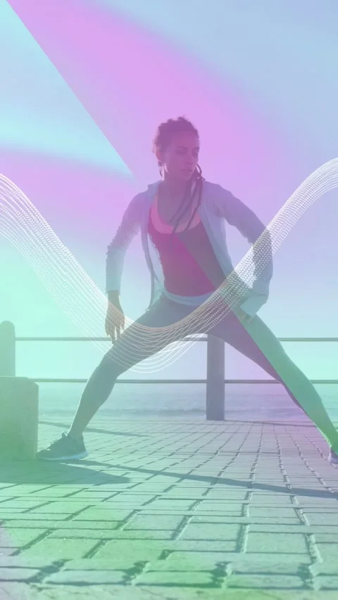 Vertical video: Female exerciser stepping into lunges, wave tinting stretch on Stock Footage 337543413
