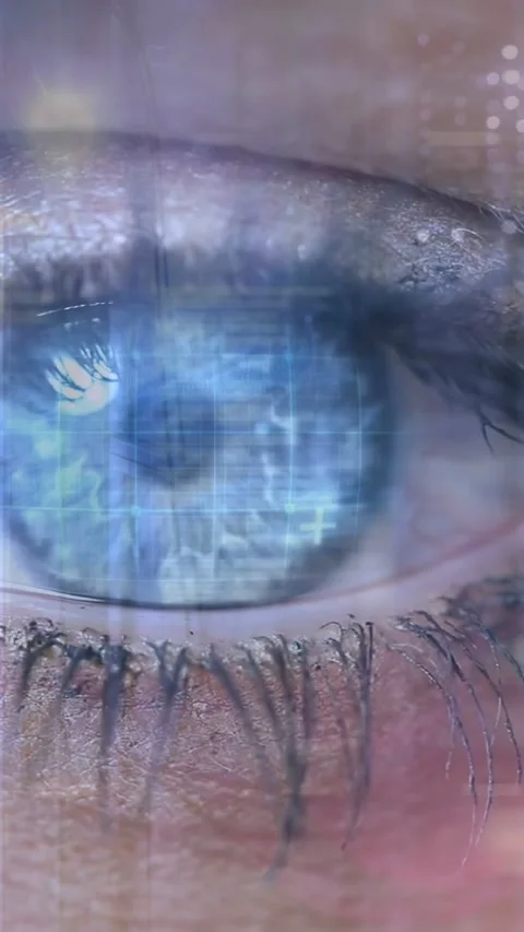 Vertical video: Female eye opening, eyelid lifting revealing HUD code for iris Stock Footage 332644508