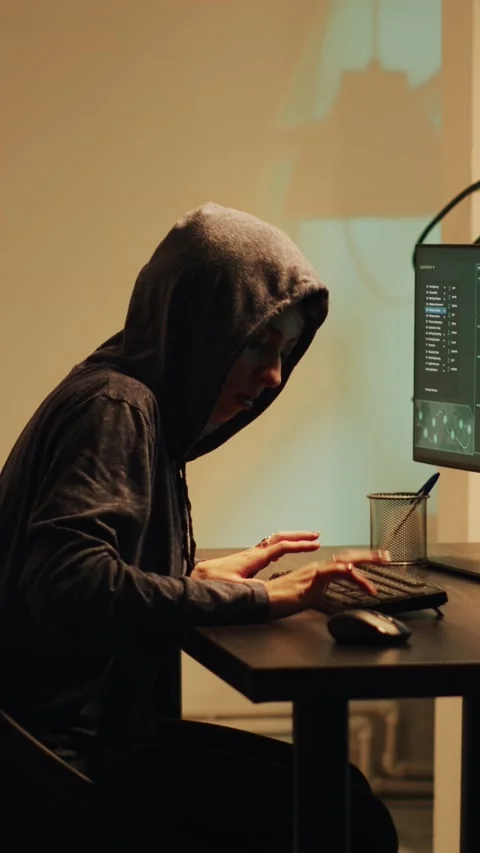 Vertical video: Female hacker committing cyberattack on server firewall Stock Footage 227666035