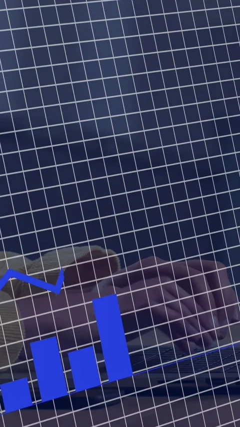 Vertical video: Female hand tapping screen making blue bars and line rising, Stock Footage 335264324