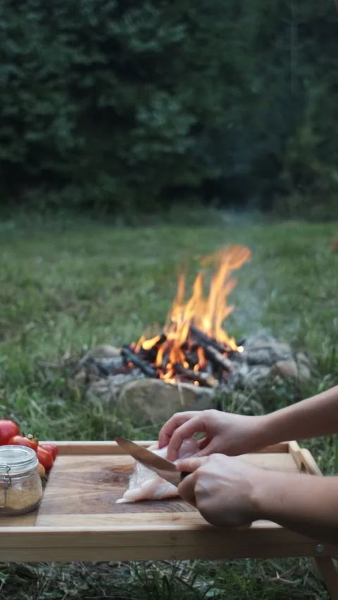 Vertical video of female hands cooking cuts chicken on background campfire Stock Footage 284931429