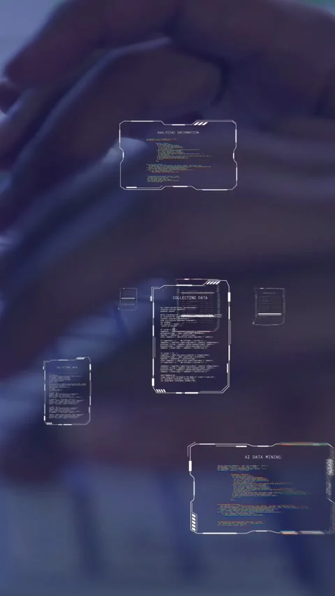 Vertical video: Female hands hovering then typing on keyboard, causing holo code Stockbeeldmateriaal 335264147