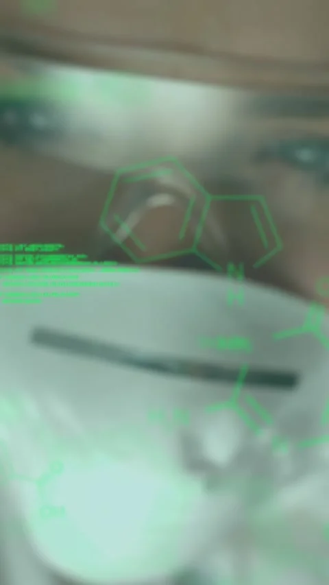 Vertical video: Female lab tech tracking rising test tube and analyzing teal Stock Footage 330359168