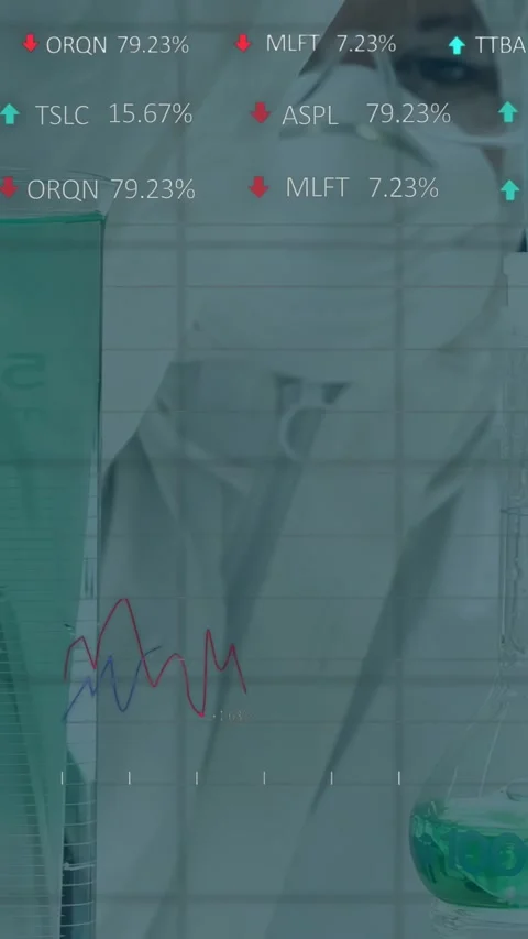 Vertical video: Female lab tech monitoring experiment, HUD metrics and graphs Stock Footage 330655404