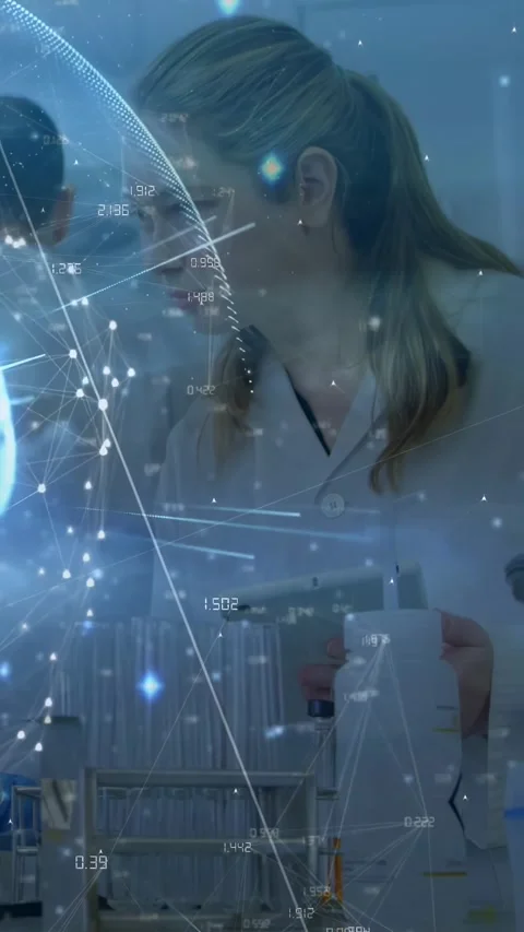 Vertical video: Female lab tech holding device inspecting samples for tests, Stock Footage 331333858
