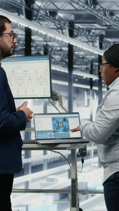Vertical video Female manager and coworker review microchip factory diagnostic Stock Footage 333614175