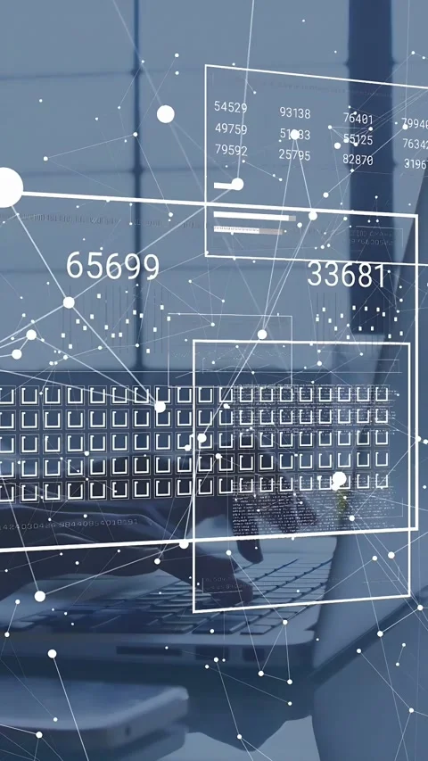 Vertical video: Female operator typing on laptop, updating HUD numbers, node Stock Footage 335264199