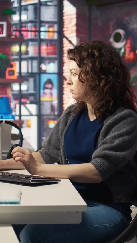 Vertical Video Female programmer developing app and software algorithm on pc Stock Footage 308491625