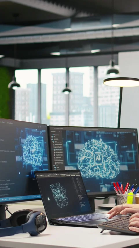 Vertical video Female programmer in office integrating AI machine learning Stock-Footage 312768653