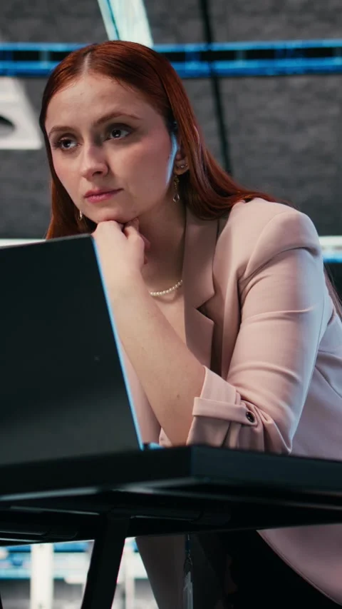 Vertical video Female programmer at server room workplace desk using laptop Stock Footage 330138730