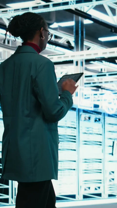 Vertical video Female programmer walking in data center using tablet to write Stock Footage 329529289