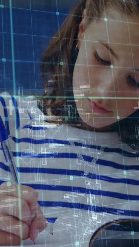 Vertical video: Female pupil glancing at open book and writing notes, education Stock Footage 331270902
