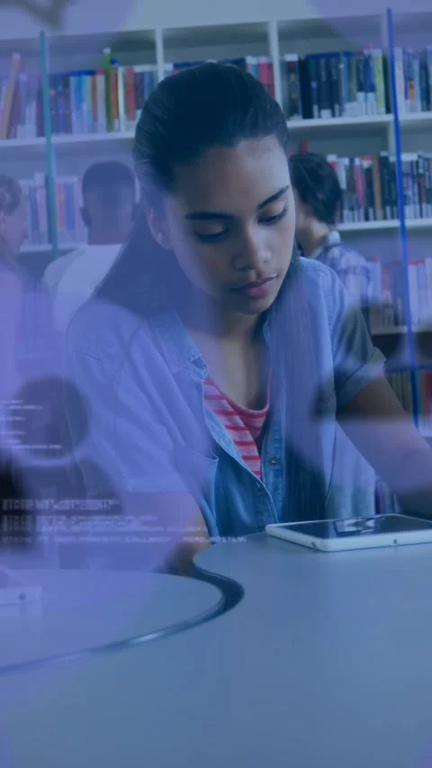 Vertical video: Female student tapping tablet triggers code overlay guiding Stock Footage 330195819