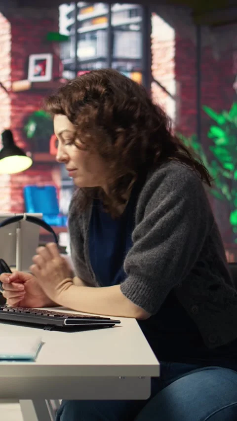 Vertical Video Female system admin doing maintenance on AI brain pc systems Stock Footage 308491557