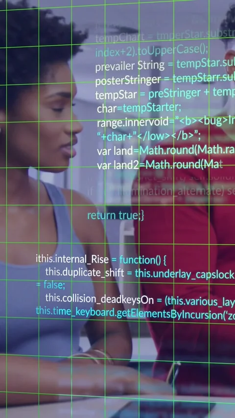 Vertical video: Female tapping tablet, glancing at peer, green code overlaying Stock Footage 330242580