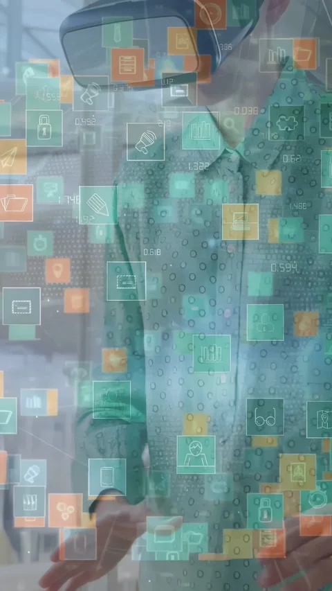 Vertical video: Female tech gesturing over teal-orange icons then donning VR Stock Footage 334602885