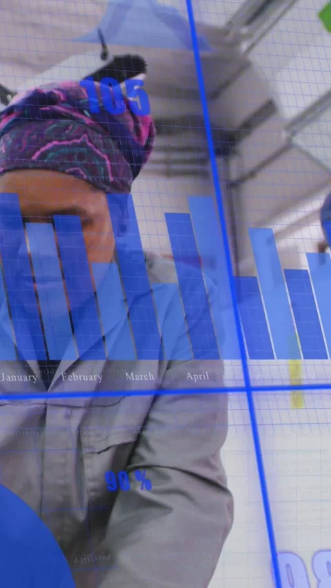 Vertical video: Female tech inspecting shop bench while blue graphs overlaying Stock Footage 331215876