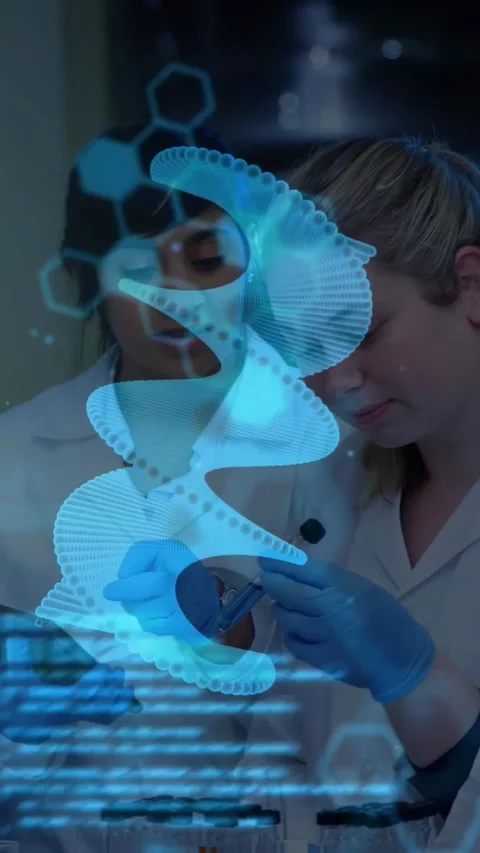 Vertical video: Female tech pipetting sample, causing blue DNA spiral while lab Stock Footage 330542843
