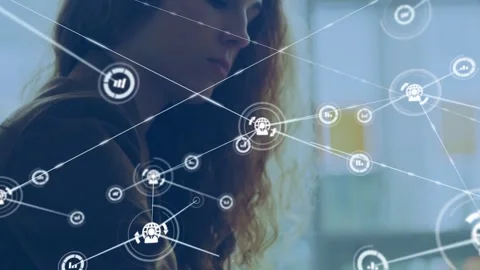 Vertical video: Female tech user typing laptop initiating network nodes Stock Footage 334036497
