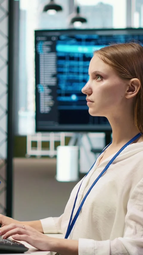 Vertical video Female technician coding with AI language model assistance in Vidéo 312768332