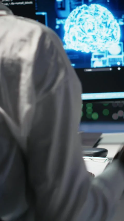 Vertical video Female technician in data center answers telephone call Stock Footage 313456234