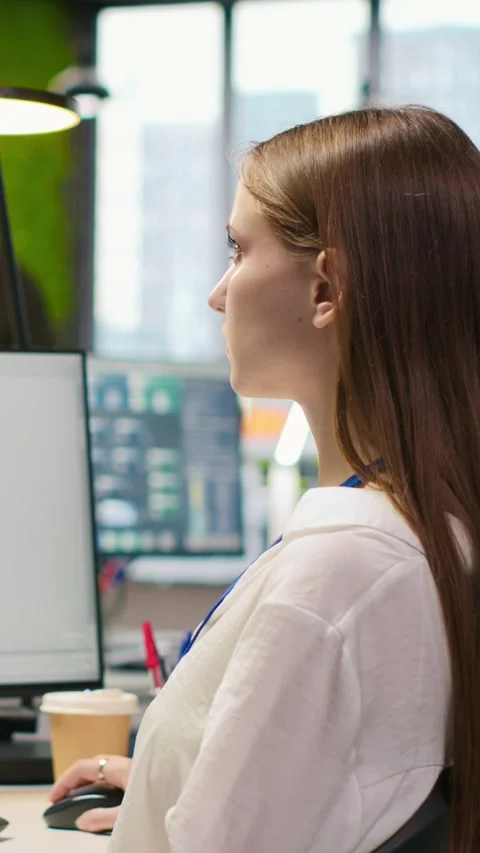 Vertical video Female technician testing generative AI machine learning Stock Footage 312708871