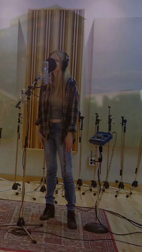 Vertical video: Female vocalist in studio hearing cue through phones, shifting, Stock Footage 332644458