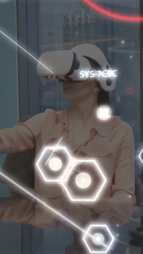 Vertical video: Female VR user following prompts, swiping hexagon HUD while Stock Footage 333596489