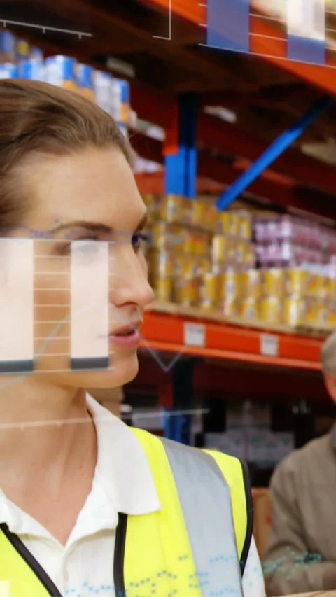 Vertical video: Female warehouse worker holding box scanning AR overlays Stock Footage 331739243