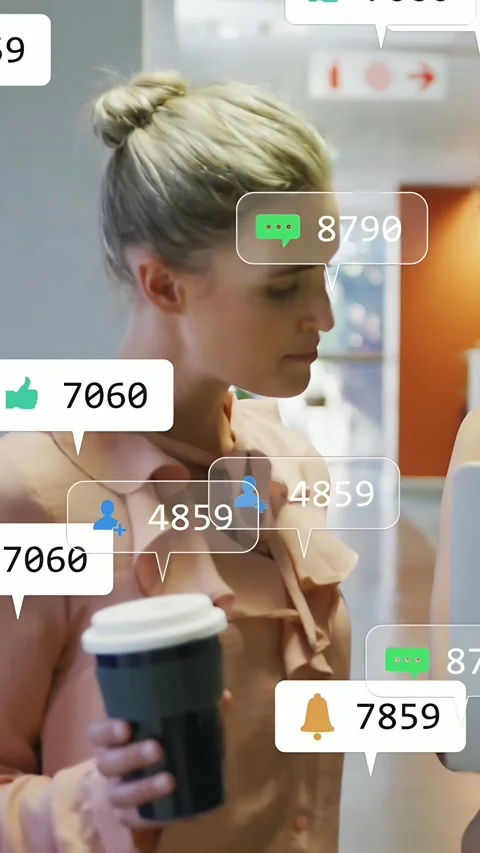 Vertical video: Female worker tapping kiosk holding coffee, monitoring marketing Video stock 333862081