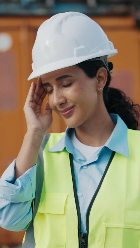 Vertical Video. Female Worker On The Warehouse Site Has Headache, Dressed In Video stock 309989458