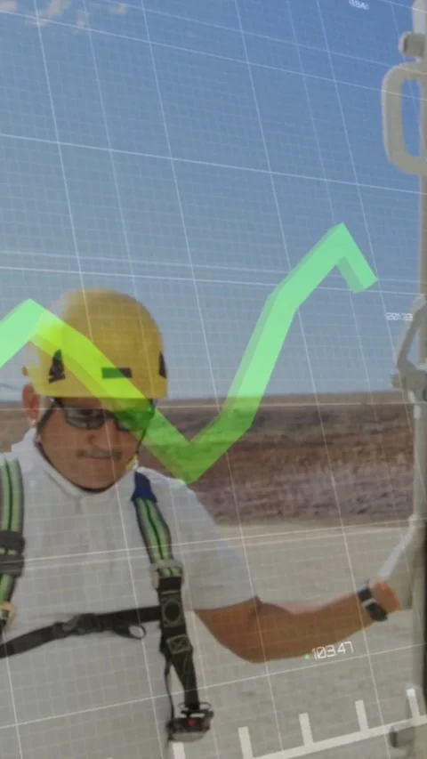 Vertical video: Field tech gripping rail, AR chart crossing torso and updating Stock Footage 334599219