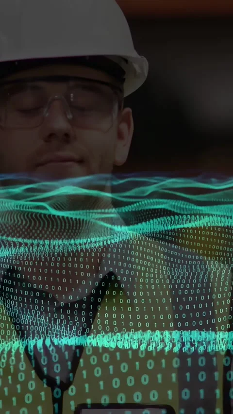 Vertical video: Field tech in plant monitoring data as binary wave appearing Stock Footage 334390804