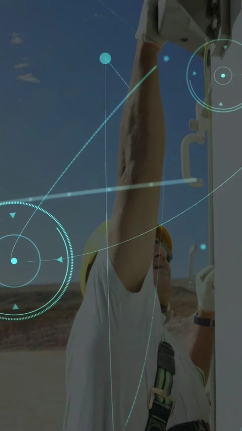 Vertical video: Field tech starting telecom repair, reaching box, routing cable Stock Footage 332546864
