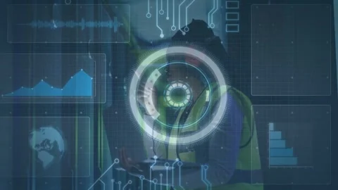 Vertical video: Field tech touching headset with clipboard, causing HUD pulse Stock Footage 334316239