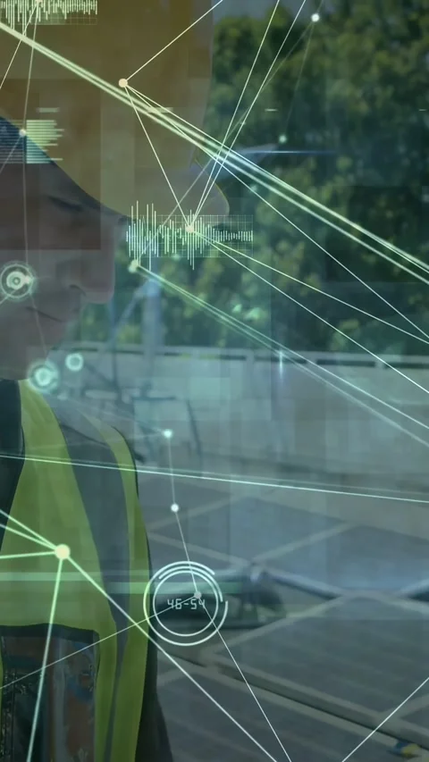 Vertical video: Field tech typing on laptop at solar array, activating AR gauges Stock Footage 332594482