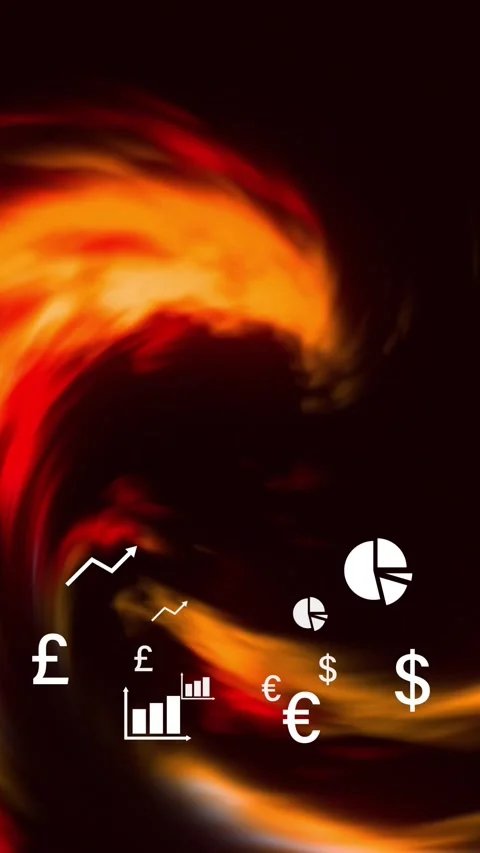 Vertical video: Fiery vortex initiating rotation and sweeping currency icons, Stock Footage 329613124