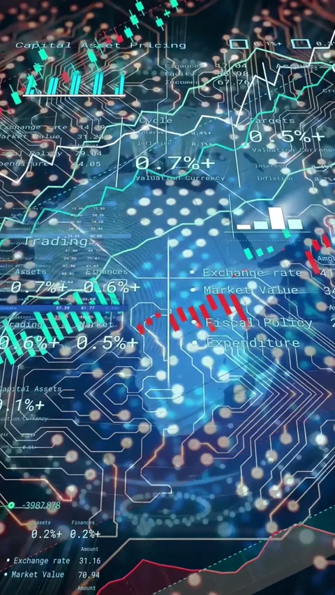 Vertical video: finance dashboard animating over map circuit grid, node pulse Video stock 334917086