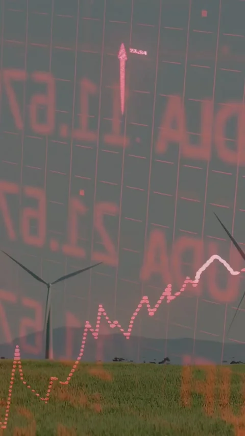 Vertical video: Finance overlay emerging over wind farm, animating dotted plot Video stock 334547448