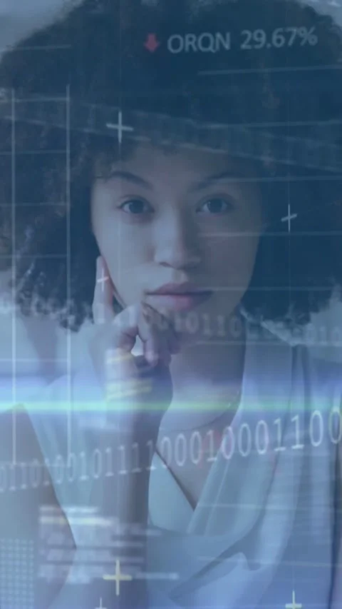 Vertical video: Finance pro holding chin facing camera while HUD tickers Stock Footage 334317837