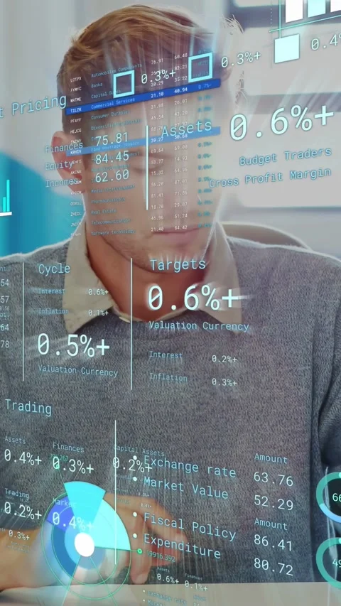 Vertical video: Finance pro tapping tablet updating HUD charts and comparing Stock Footage 334770566