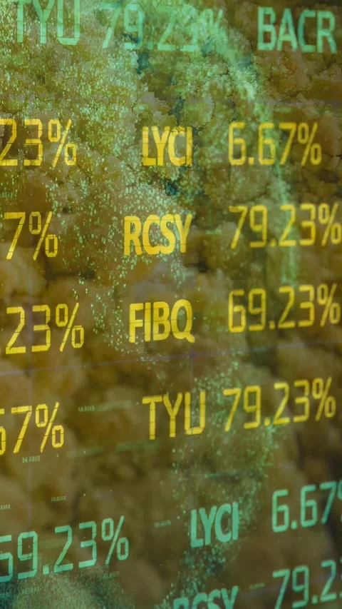 Vertical video: Finance ticker scrolling over crumbly food, data updating and Stock Footage 332734561
