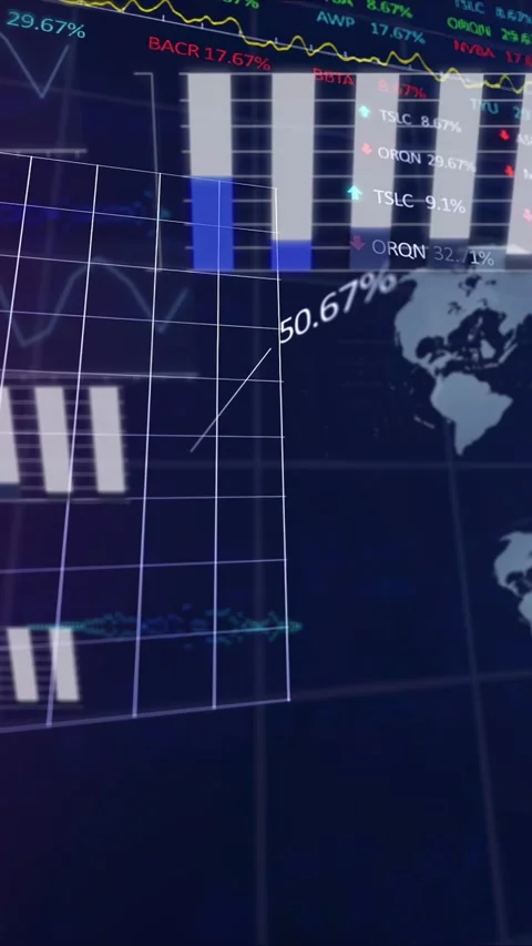 Vertical video: Financial dashboard camera tilting bars filling ticker sliding Stock Footage 340133493