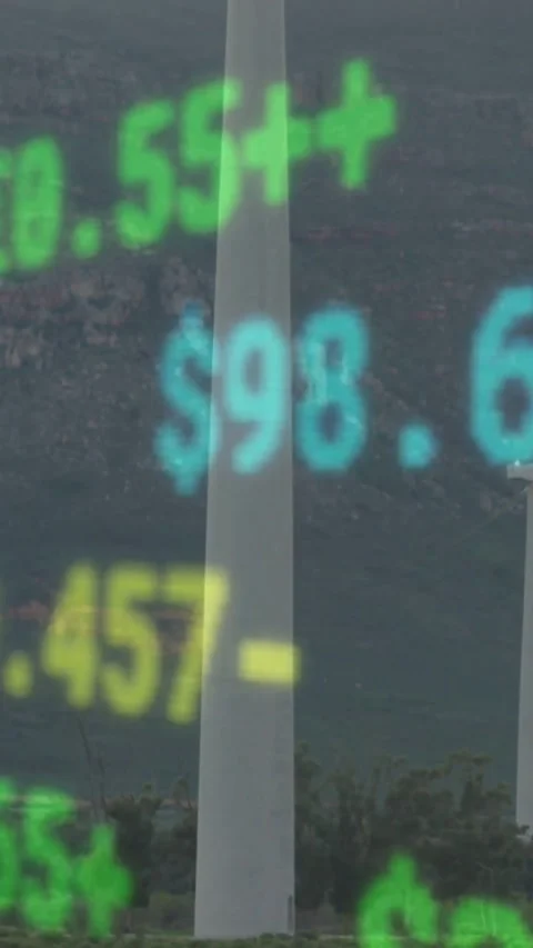 Vertical video: Financial ticker shifting revealing center turbine rotating over Stock Footage 334600807
