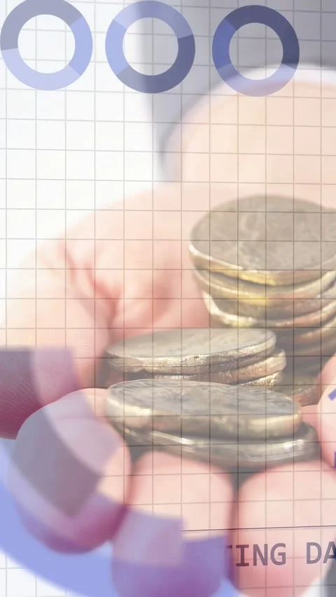 Vertical video: Finger tapping starting hand adjusting coins while overlay Stock Footage 335507496